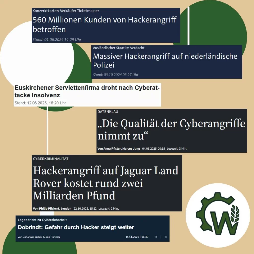 Mehrere Schlagzeilen zu Schäden aufgrund von Cyberangriffen sind übereinander dargestellt.