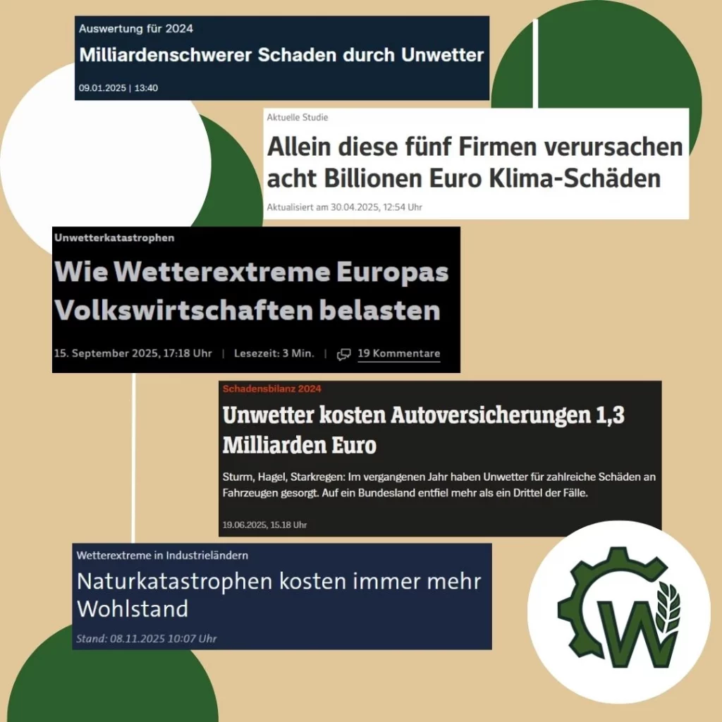 Mehrere Schlagzeilen zu Schäden aufgrund von Extremwetterereignissen sind übereinander dargestellt.