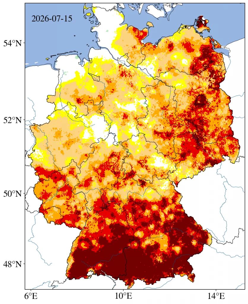 Dürremonitor für Deutschland am 15-07-2026. Die Karte zeigt für weite Teile Bayerns, Baden-Würrtembergs und Brandenburg eine hohe Dürre.